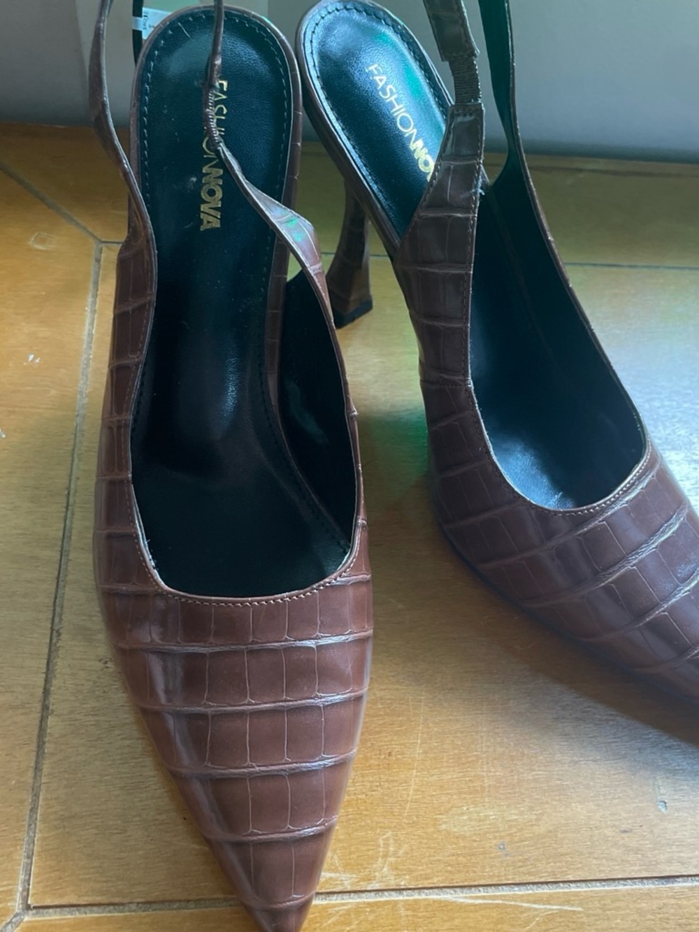 Fashion Nova Brown Croc-Embossed Pointed Slingback Heels